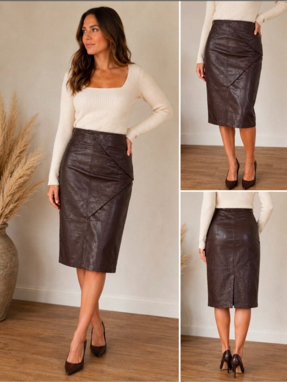 Vintage Dark Brown Leather Pencil Skirt